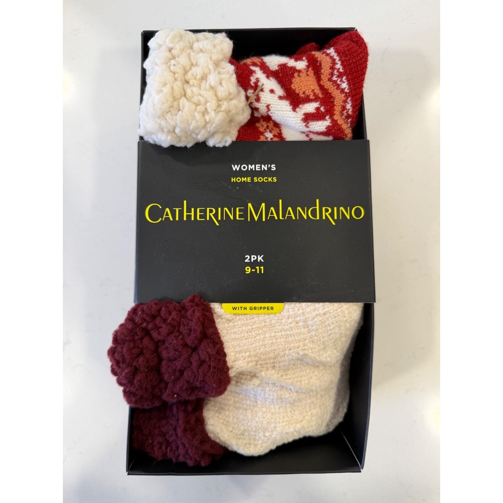 Catherine Malandrino Womens Home Socks 2PK Nordic Reindeer Cable Knit Gripper